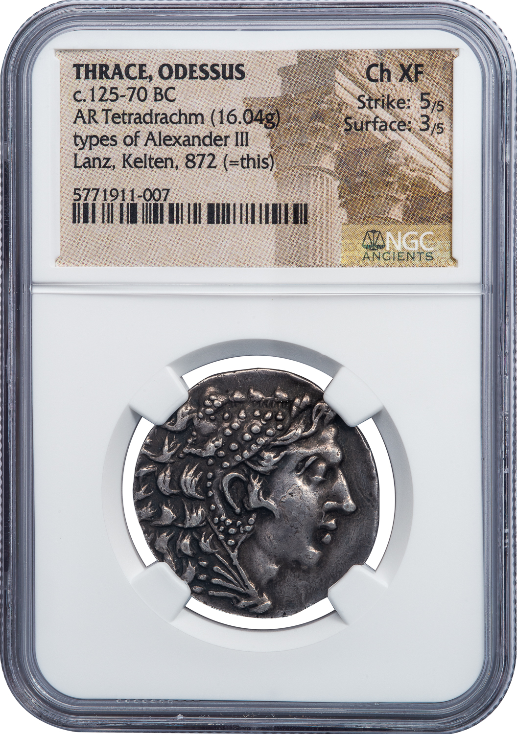 ODESSUS SILVER ALEXANDER TYPE TETRADRACHM - MITHRIDATIC WARS ISSUE EX LANZ COLLECTION AND PUBLISHED IN KOSTIAL - CHOICE XF NGC GRADED GREEK THRACE COIN (Inv. 14793) - Image 4