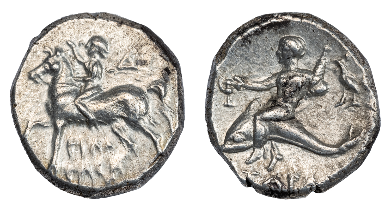 TARENTUM SILVER DIDRACHM - ISSUE OF MAGISTRATE PHILOTAS WITH EAGLE - AU NGC GRADED GREEK CALABRIA COIN (Inv. 17696)