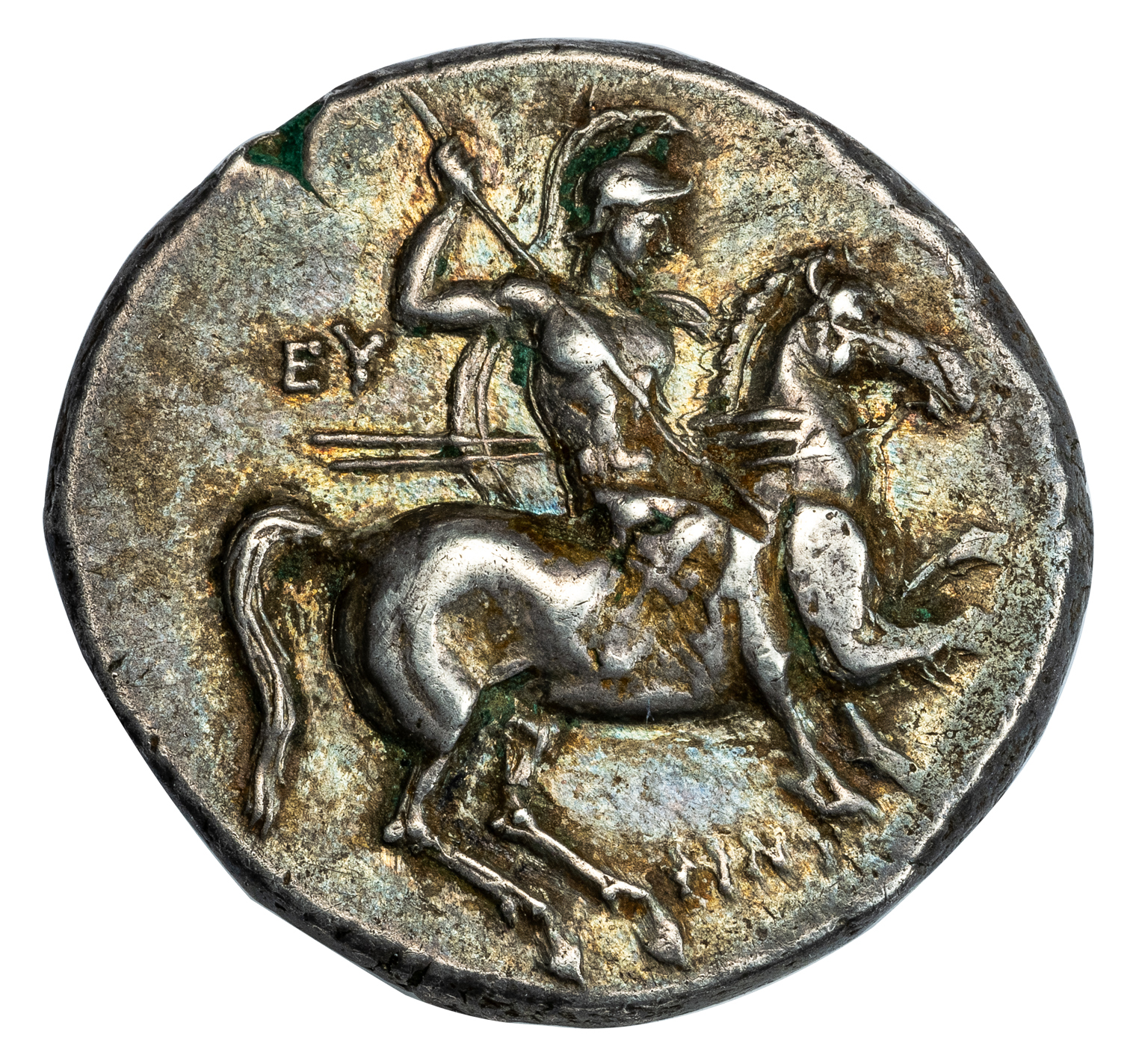 TARENTUM SILVER DIDRACHM - ISSUE OF PHINTULOS WITH NIKE CROWNING DOLPHIN RIDER - XF NGC GRADED GREEK CALABRIA COIN (Inv. 17711) - Image 2