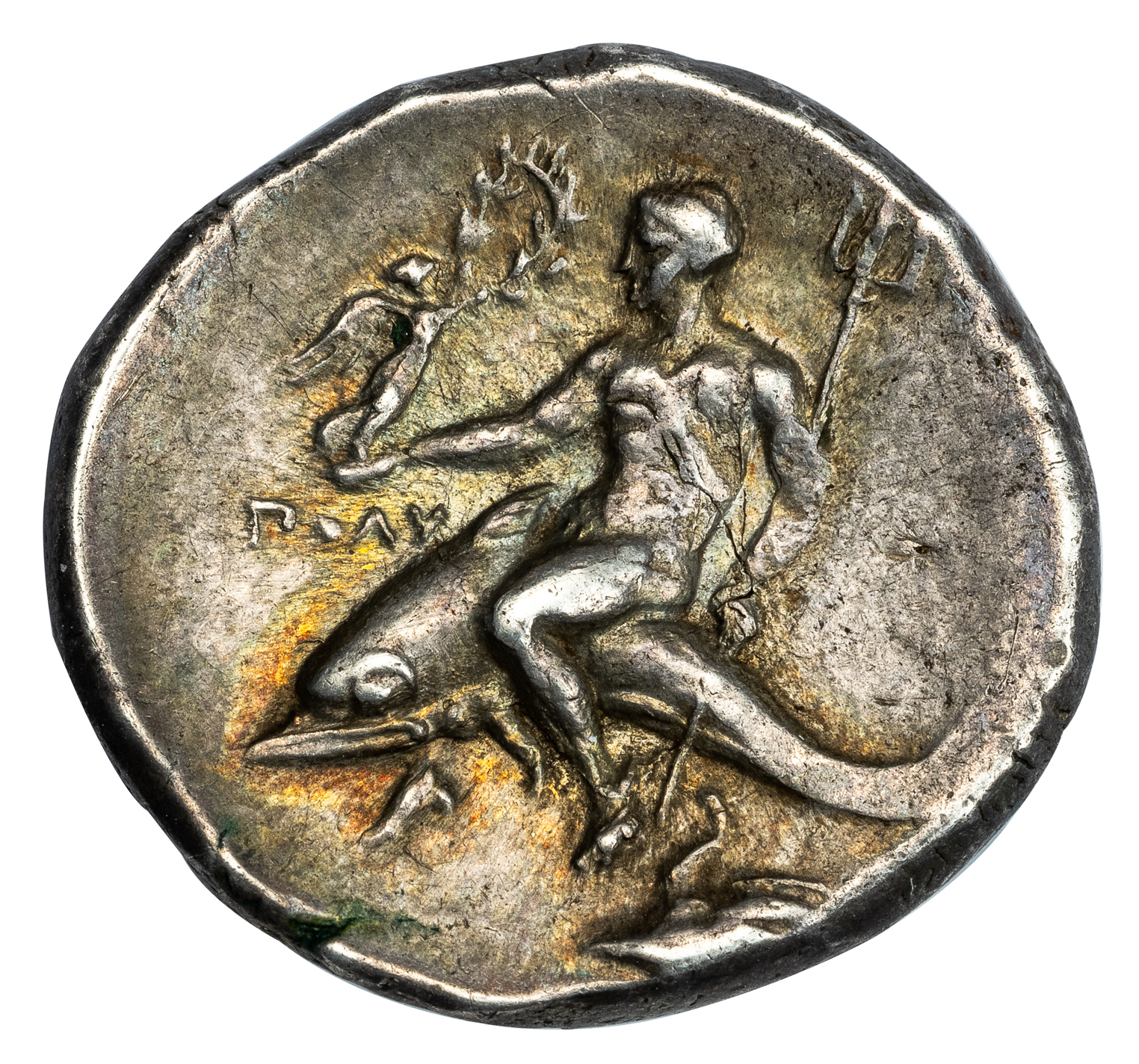 TARENTUM SILVER DIDRACHM - ISSUE OF PHINTULOS WITH NIKE CROWNING DOLPHIN RIDER - XF NGC GRADED GREEK CALABRIA COIN (Inv. 17711) - Image 3