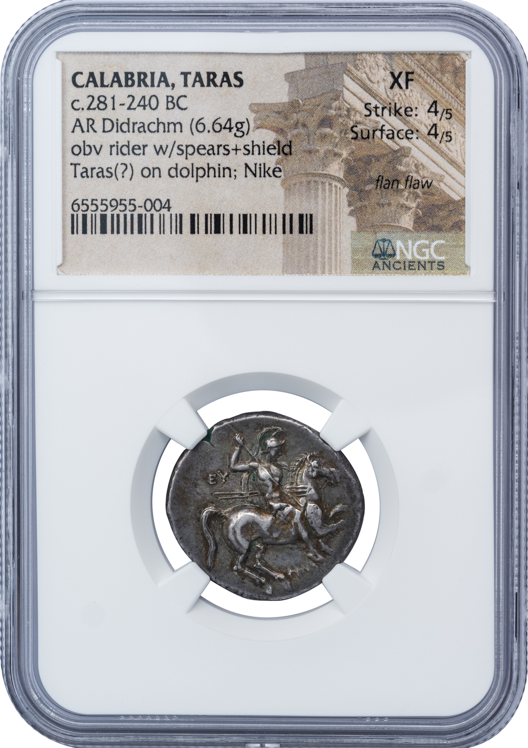 TARENTUM SILVER DIDRACHM - ISSUE OF PHINTULOS WITH NIKE CROWNING DOLPHIN RIDER - XF NGC GRADED GREEK CALABRIA COIN (Inv. 17711) - Image 4