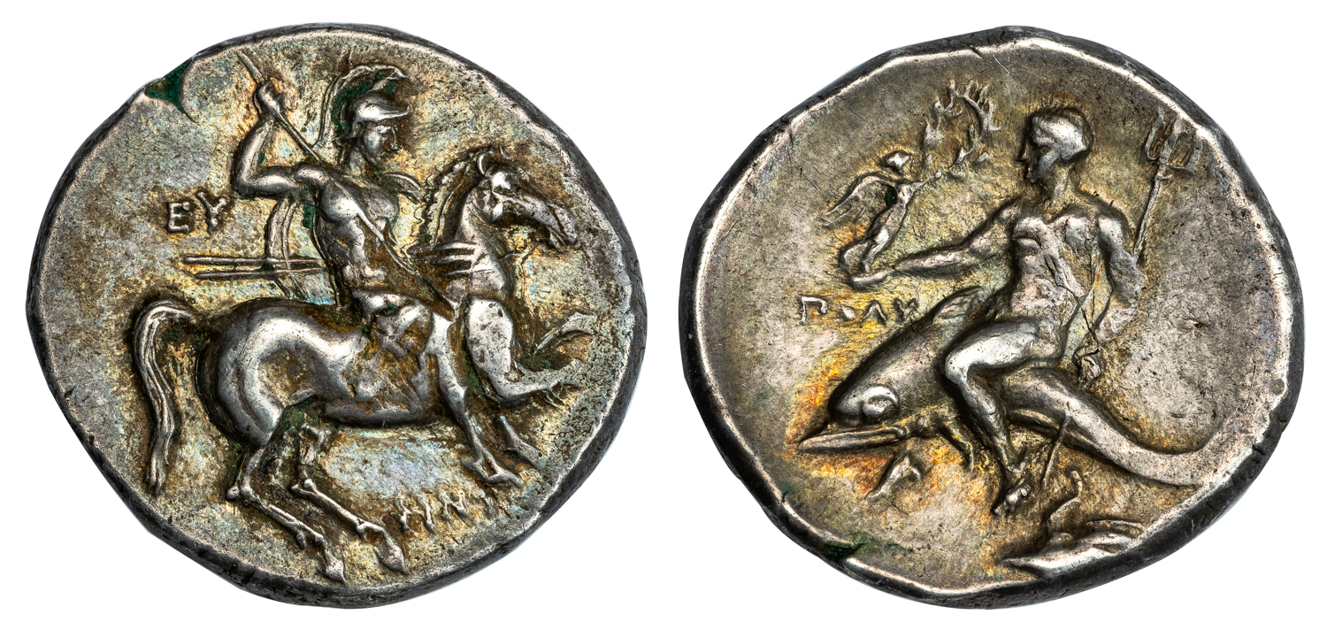 TARENTUM SILVER DIDRACHM - ISSUE OF PHINTULOS WITH NIKE CROWNING DOLPHIN RIDER - XF NGC GRADED GREEK CALABRIA COIN (Inv. 17711)