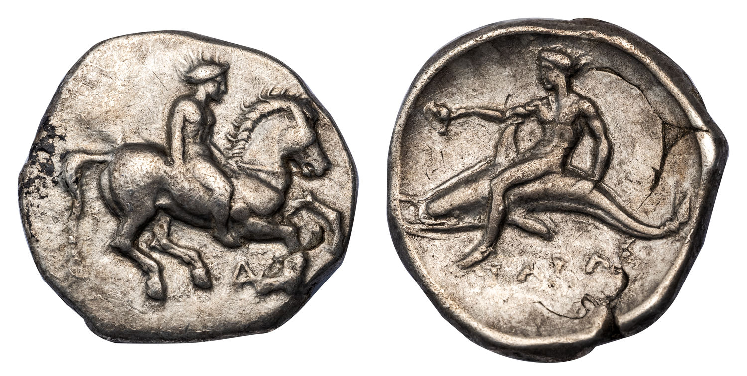 TARENTUM SILVER DIDRACHM - OVERSTRIKE ON A CORINTHIAN TYPE STATER - VF GREEK CALABRIA COIN (Inv. 18123)