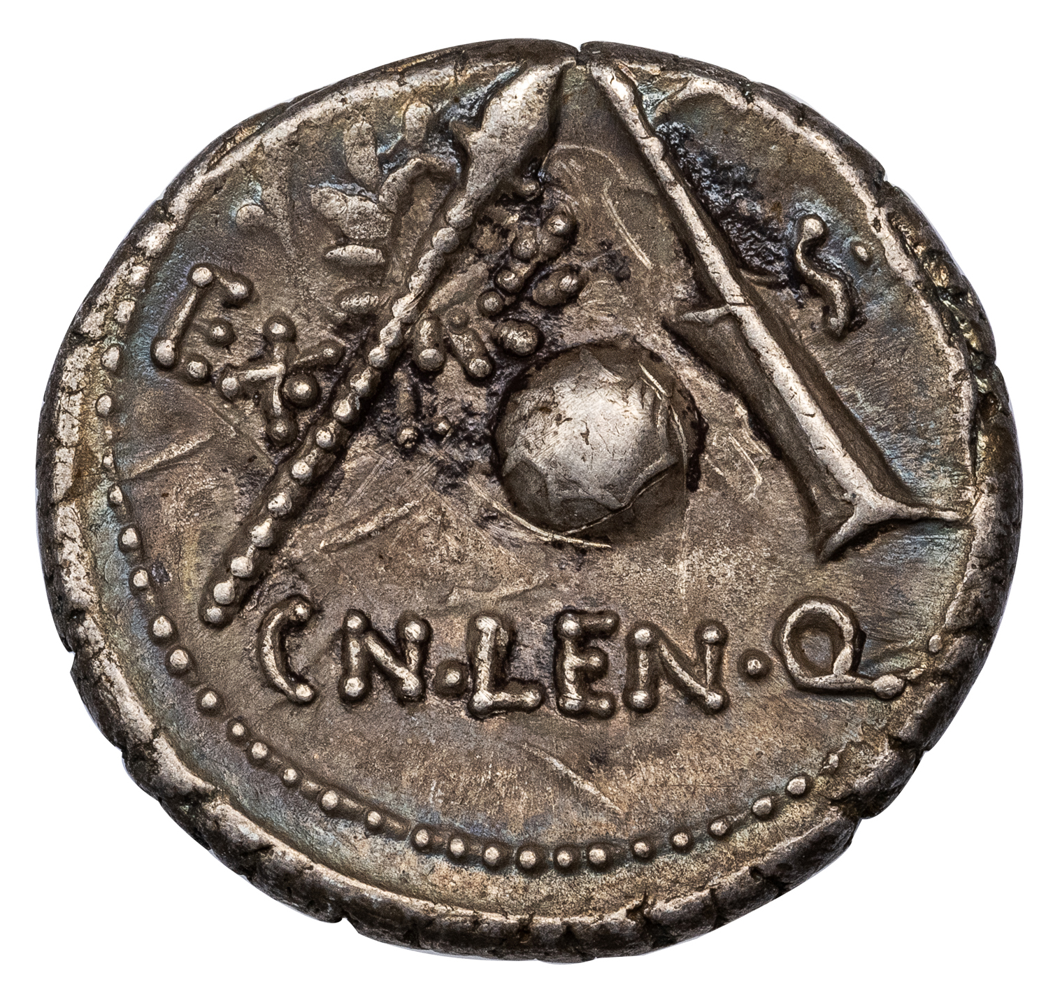 CN. LENTULUS - GENIUS POPULI ROMANI AND SYMBOLS ISSUE - CHOICE XF NGC GRADED ROMAN REPUBLIC COIN (INV. 18285) - Image 3