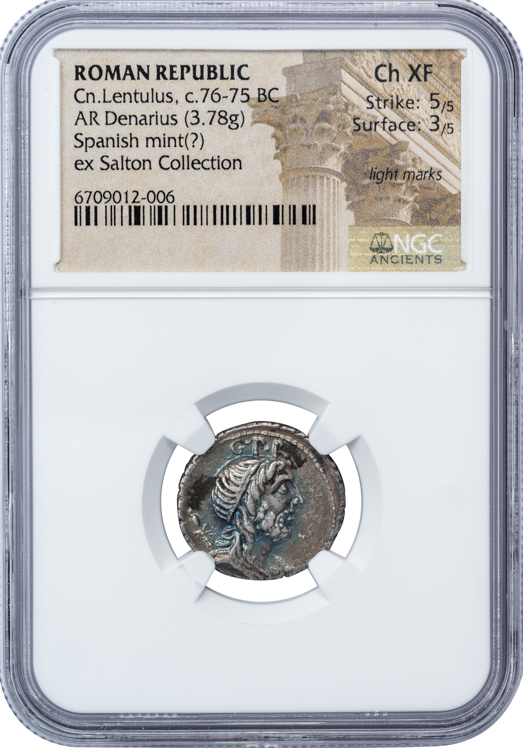 CN. LENTULUS - GENIUS POPULI ROMANI AND SYMBOLS ISSUE - CHOICE XF NGC GRADED ROMAN REPUBLIC COIN (INV. 18285) - Image 4