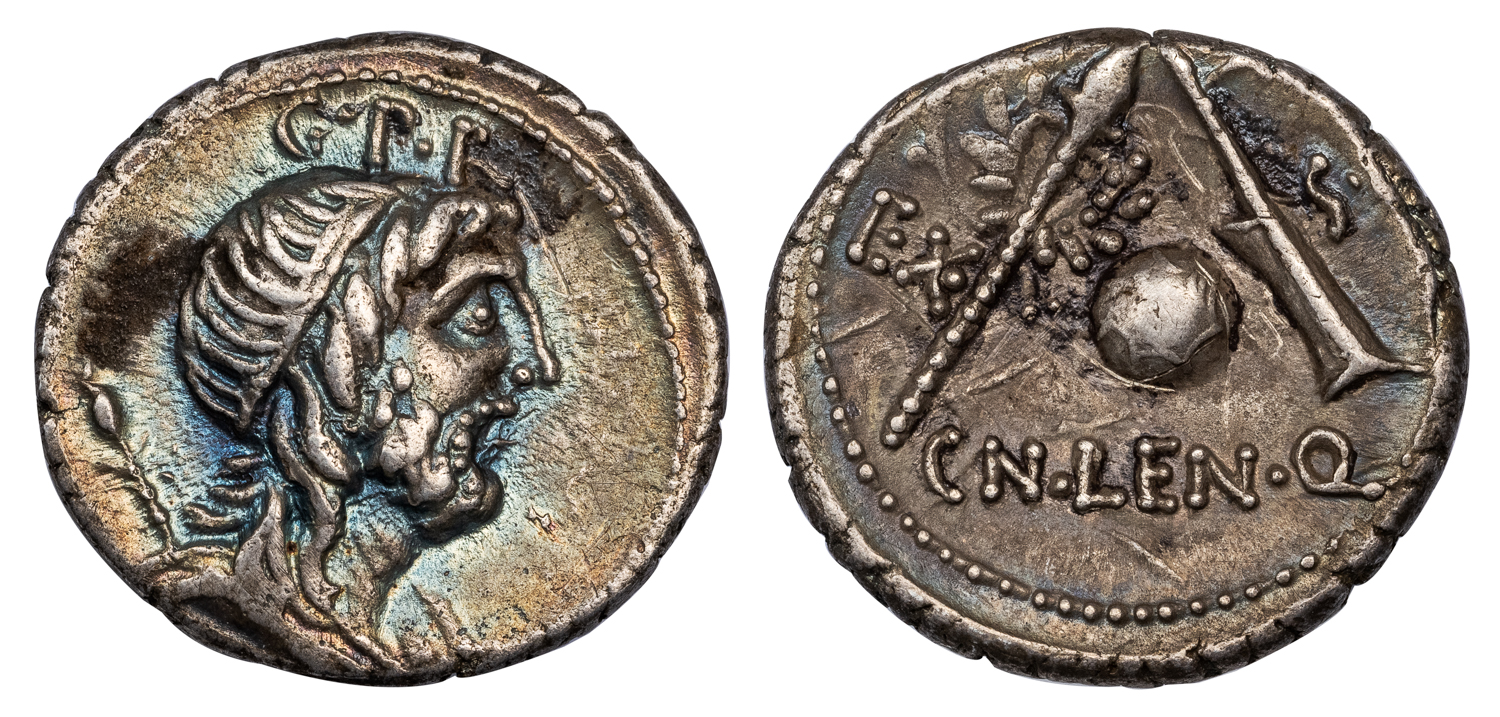 CN. LENTULUS - GENIUS POPULI ROMANI AND SYMBOLS ISSUE - CHOICE XF NGC GRADED ROMAN REPUBLIC COIN (INV. 18285)