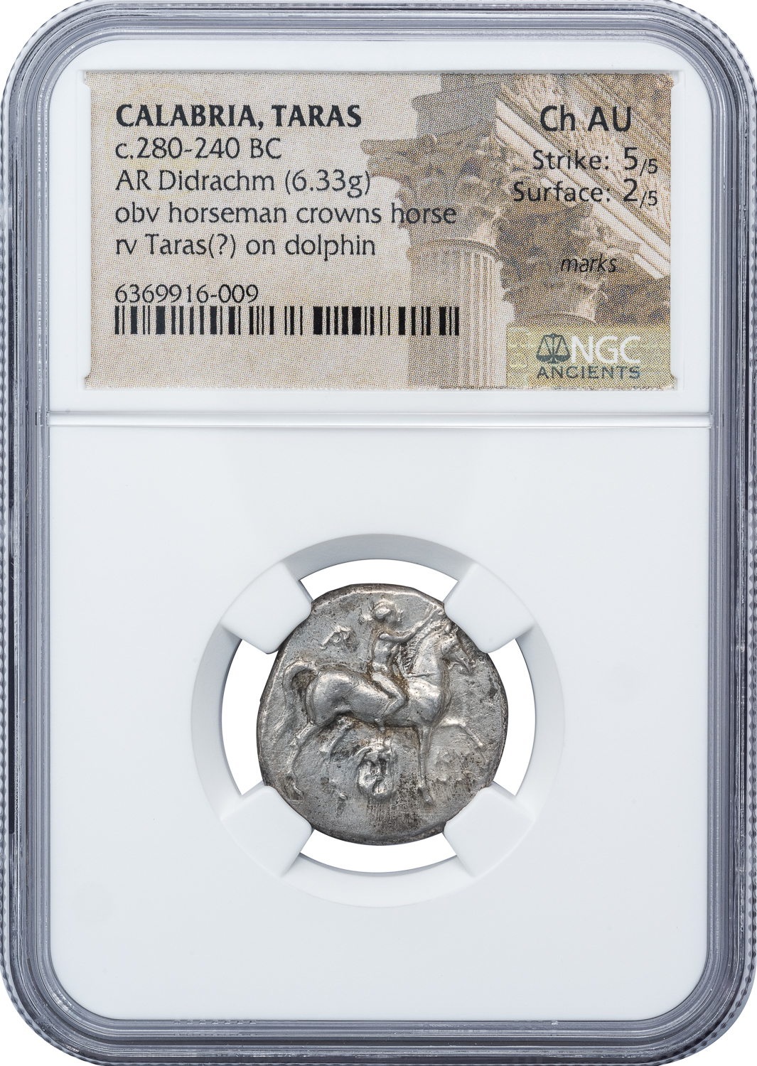 TARENTUM SILVER DIDRACHM - VARIETY WITH SILENUS MASK EX SALTON COLLECTION - CHOICE AU NGC GRADED GREEK COIN (Inv. 18492) - Image 4