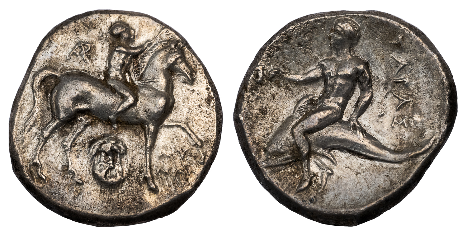 TARENTUM SILVER DIDRACHM - VARIETY WITH SILENUS MASK EX SALTON COLLECTION - CHOICE AU NGC GRADED GREEK COIN (Inv. 18492)