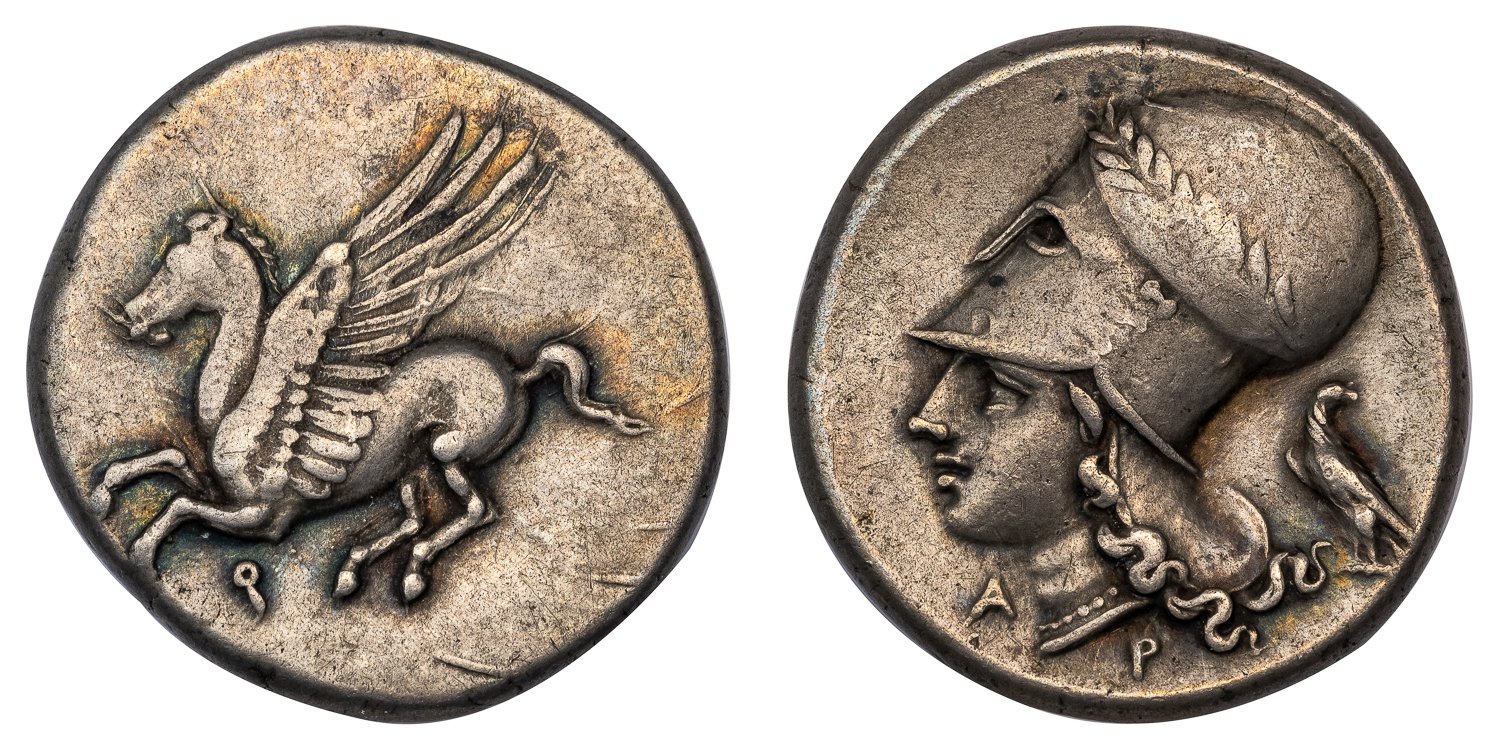 CORINTH SILVER STATER - ISSUE WITH EAGLE SYMBOL EX SALTON COLLECTION - CHOICE VF NGC GRADED GREEK ACARNANIA COIN (Inv. 18525)