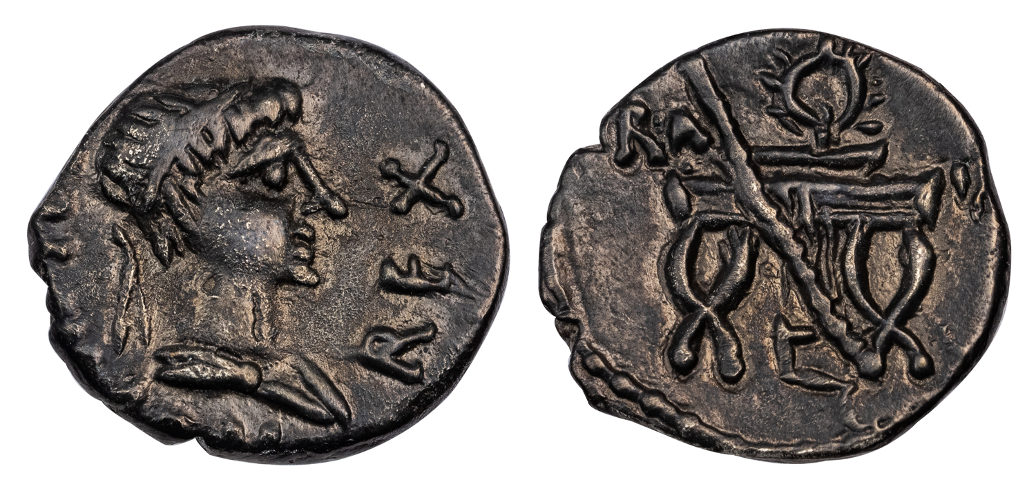 PTOLEMY OF MAURETANIA SILVER DENARIUS - CURULE CHAIR ISSUE OF YEAR 6 or 7 STRUCK BY THE GRANDSON OF CLEOPATRA - XF NGC GRADED MAURETANIAN KINGDOM COIN (Inv. 18884)