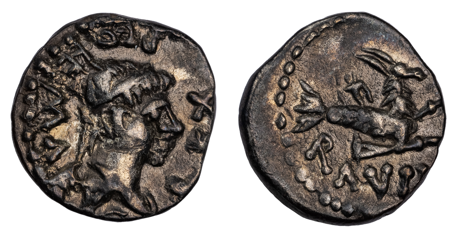 PTOLEMY OF MAURETANIA SILVER DENARIUS - CAPRICORN ISSUE OF GRANDSON OF CLEOPATRA VII - XF NGC GRADED MAURETANIAN KINGDOM COIN (Inv. 18899)