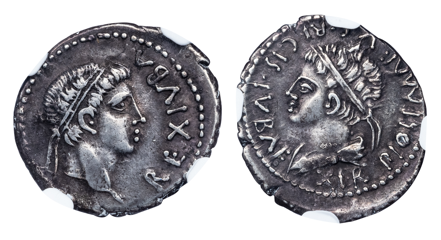 JUBA II & PTOLEMY SILVER DENARIUS - FATHER AND SON ISSUE EX ALLOTTE DE LA FUYE COLLECTION SOLD IN 1925 AND PUBLISHED IN SPOERRI-BUTCHER - CHOICE VF NGC GRADED KINGDOM OF MAURETANIA COIN (Inv. 18994)