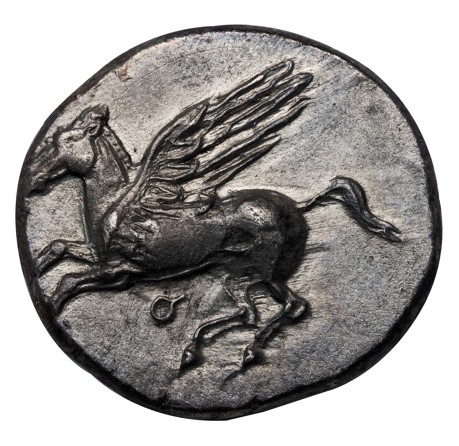 CORINTH SILVER STATER - EXTREMELY RARE VARIETY WITH HAND HOLDING TORCH - CHOICE XF NGC GRADED GREEK COIN (Inv. 19102) - Image 2