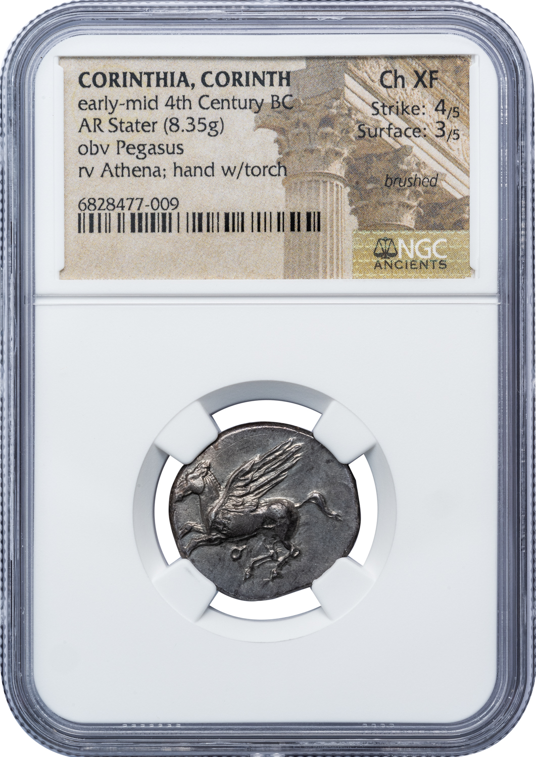 CORINTH SILVER STATER - EXTREMELY RARE VARIETY WITH HAND HOLDING TORCH - CHOICE XF NGC GRADED GREEK COIN (Inv. 19102) - Image 4