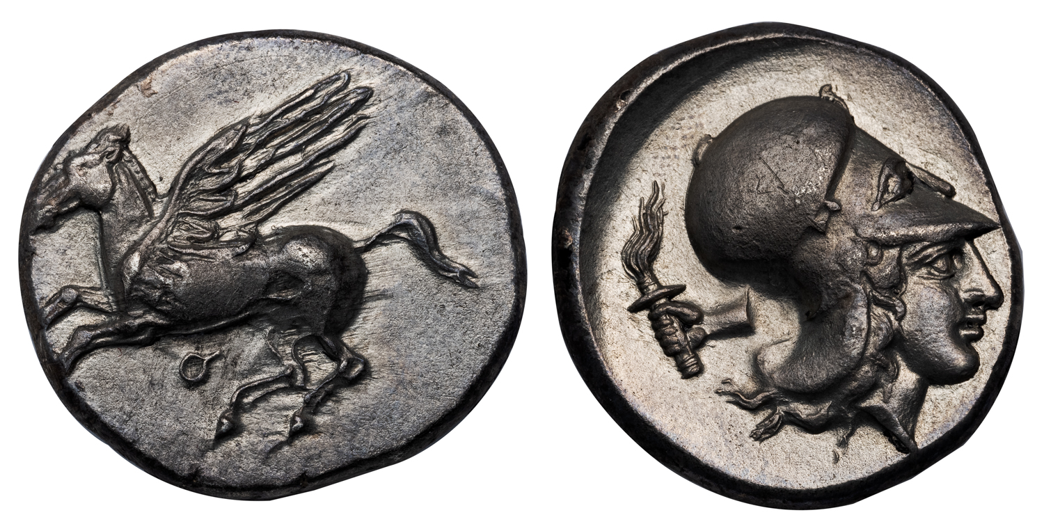 CORINTH SILVER STATER - EXTREMELY RARE VARIETY WITH HAND HOLDING TORCH - CHOICE XF NGC GRADED GREEK COIN (Inv. 19102)