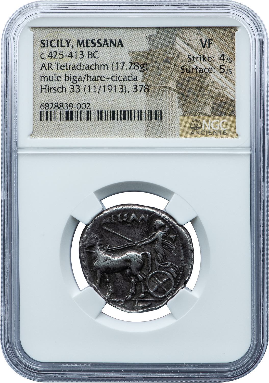 MESSANA SILVER TETRADRACHM - SPECIMEN WITH CICADA SYMBOL EX HIRSCH 1913 SALE - VF NGC GRADED GREEK SICILY COIN (Inv. 19214) - Image 4