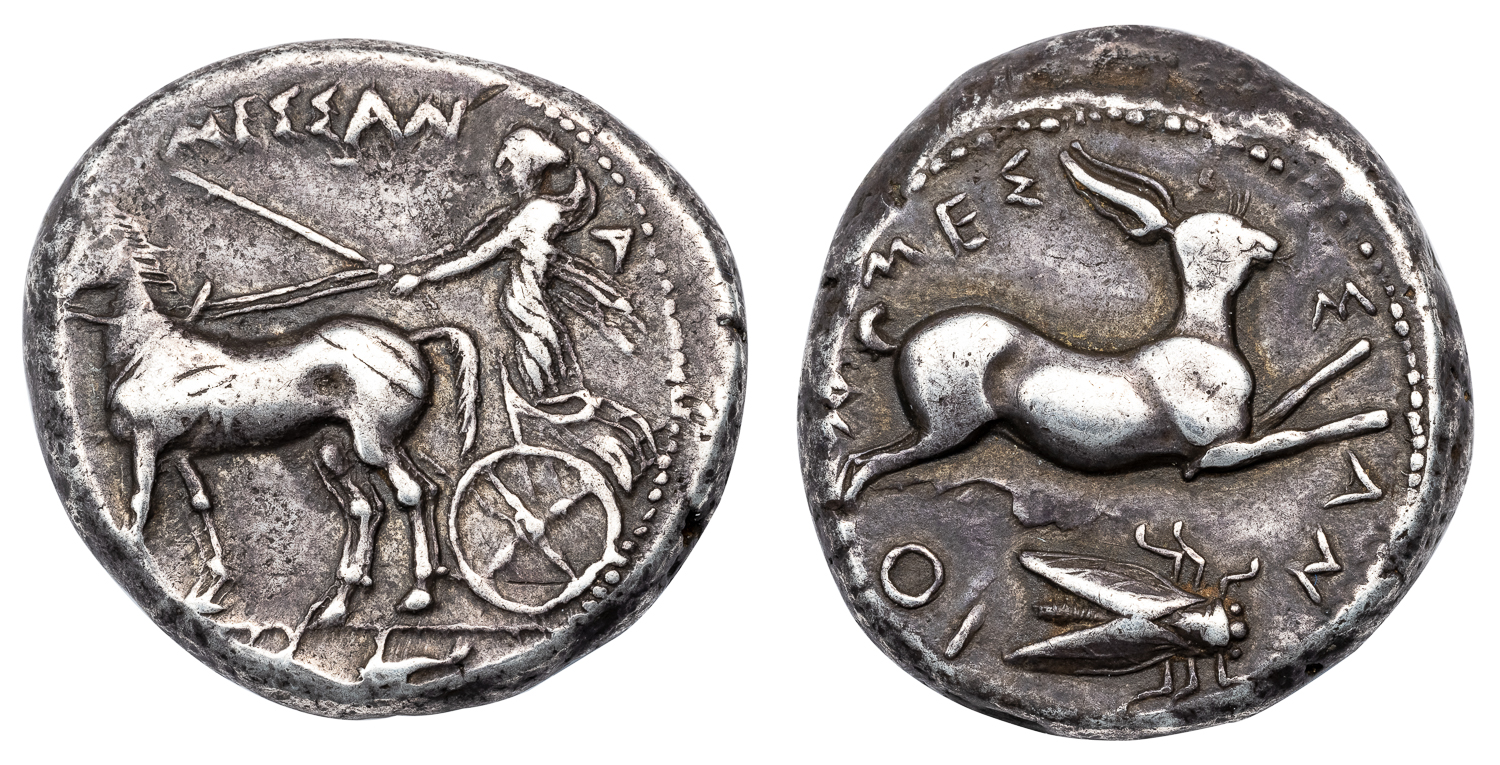 MESSANA SILVER TETRADRACHM - SPECIMEN WITH CICADA SYMBOL EX HIRSCH 1913 SALE - VF NGC GRADED GREEK SICILY COIN (Inv. 19214)