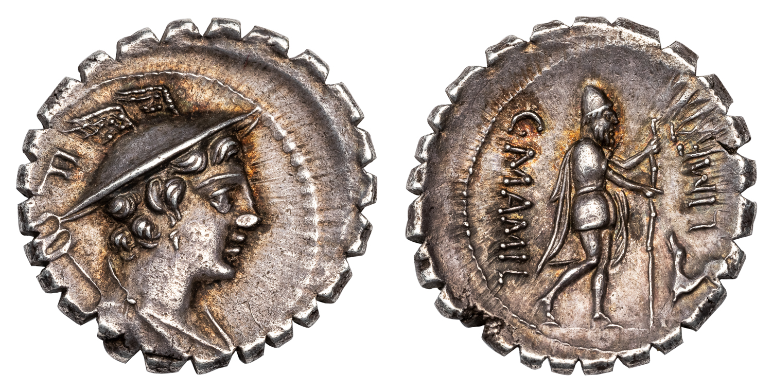 C MAMILIUS LIMETANUS SILVER DENARIUS - ODYSSEUS & ARGOS ISSUE EX BOB GUYNN COLLECTION - AU ROMAN REPUBLIC COIN (Inv. 19381)