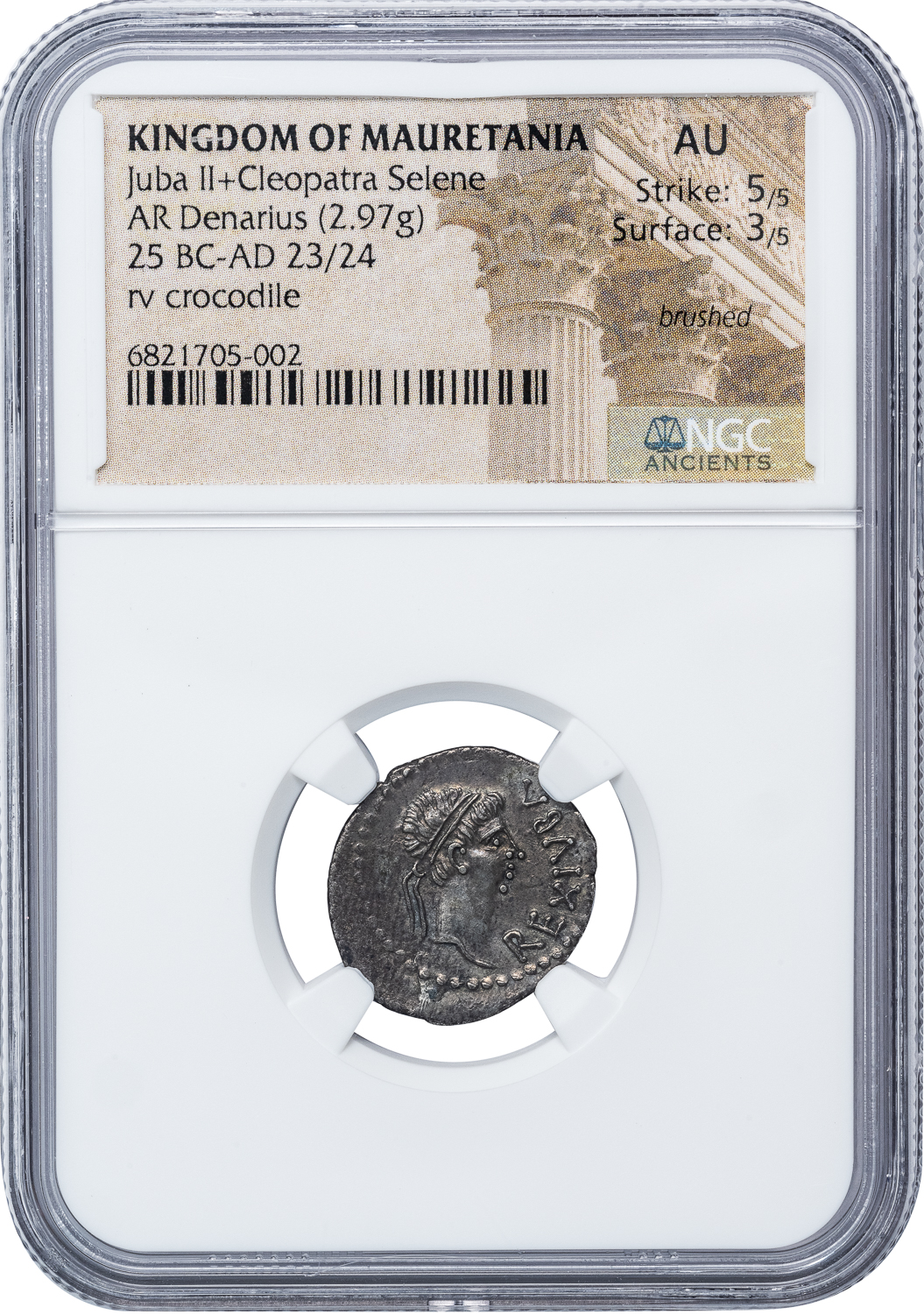 JUBA II & CLEOPATRA SELENE SILVER DENARIUS - BILINGUAL ISSUE WITH CROCODILE IN NAME OF CLEOPATRA VII'S DAUGHTER WITH MARC ANTONY - CHOICE XF NGC GRADED KINGDOM OF MAURETANIA COIN (Inv. 19417) - Image 4
