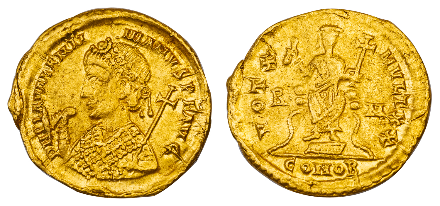 VALENTINIAN III GOLD SOLIDUS - DECENNALIA ISSUE OF ROME - CHOICE XF NGC GRADED ROMAN IMPERIAL COIN OF THE WESTERN EMPIRE (Inv. 19761)