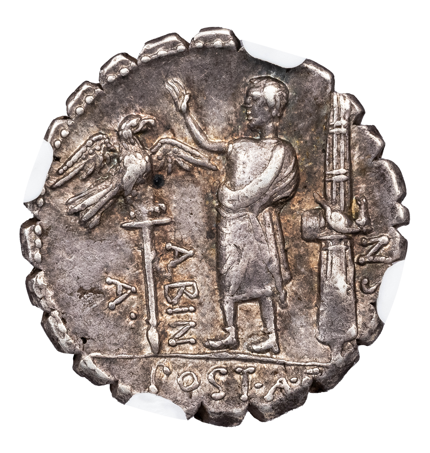 A POSTUMIUS SILVER DENARIUS - ISSUE WITH HEAD OF HISPANIA - CHOICE XF 5/5 5/5 NGC GRADED ROMAN REPUBLICAN COIN (Inv. 19776) - Image 3