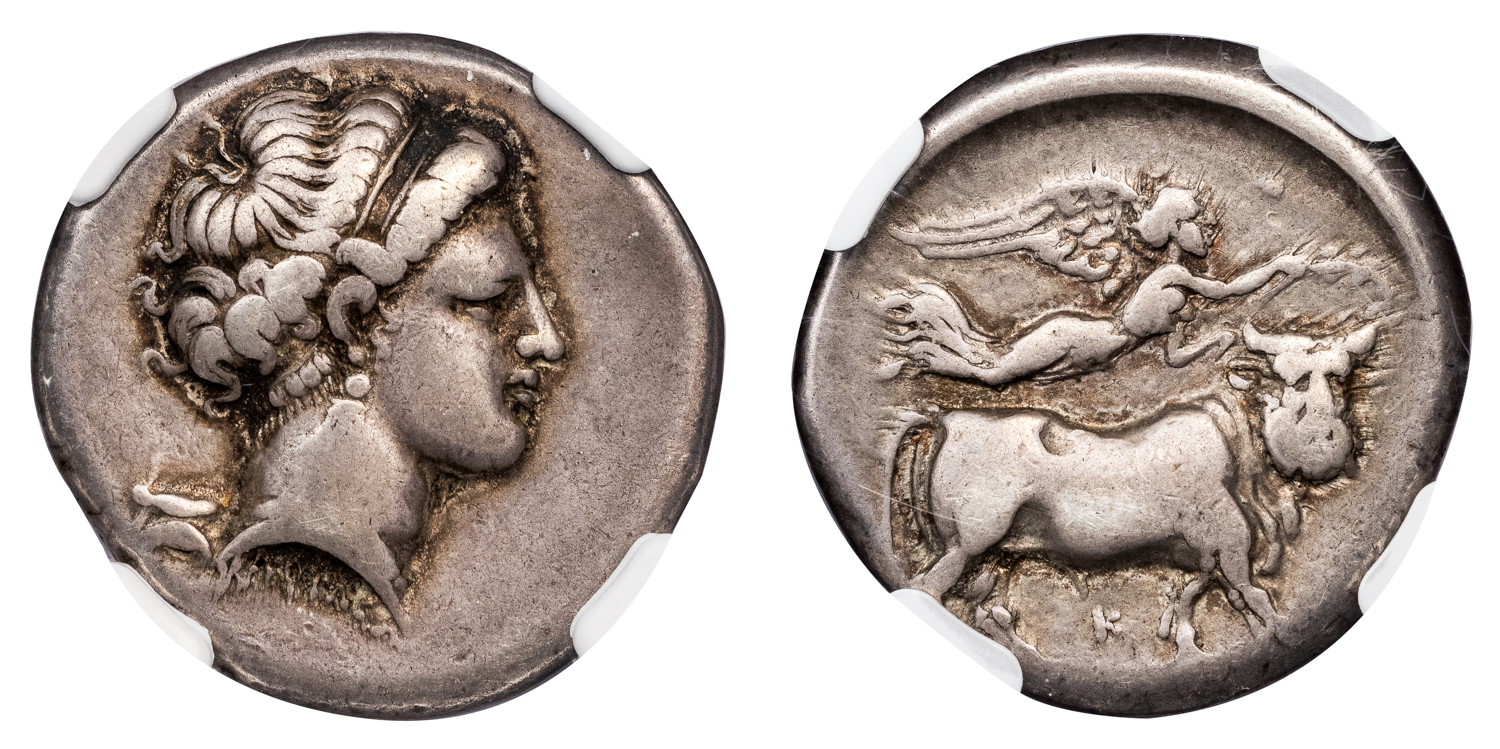 NEAPOLIS SILVER DIDRACHM - MAN-HEADED BULL TYPE OF MAGISTRATE XAPIΛE - VF NGC GRADED GREEK CAMPANIA COIN (Inv. 19782)