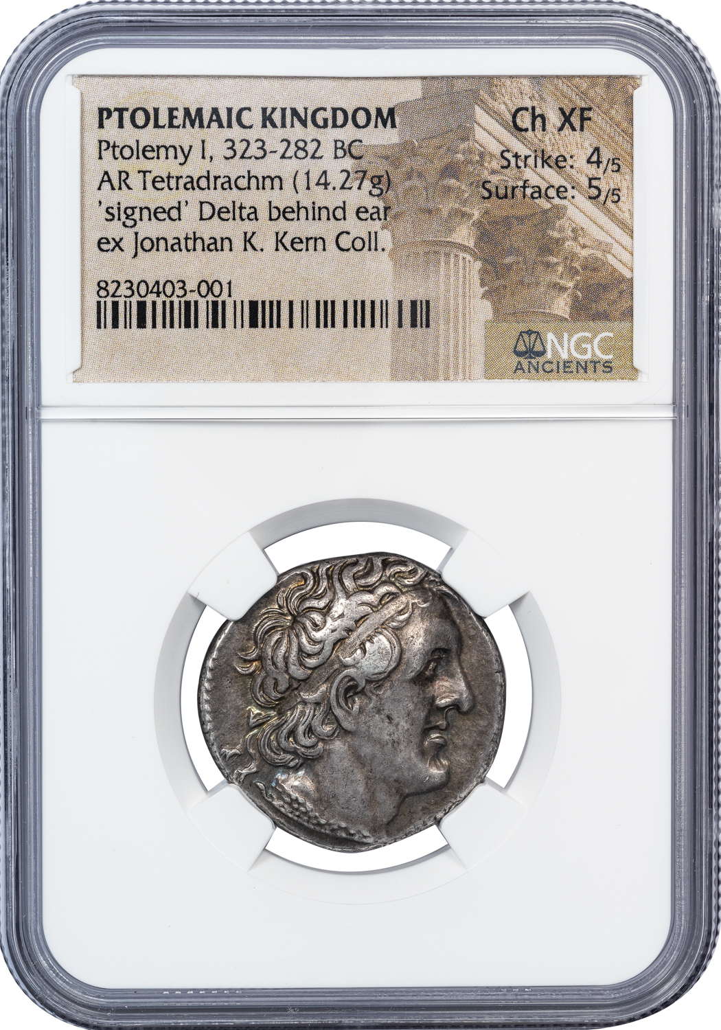 PTOLEMY I SILVER TETRADRACHM - ISSUE OF ALEXANDRIA SIGNED BY DELTA MASTER EX JONATHAN K KERN COLLECTION - CHOICE XF NGC GRADED GREEK PTOLEMAIC KINGDOM COIN (Inv. 19859) - Image 5