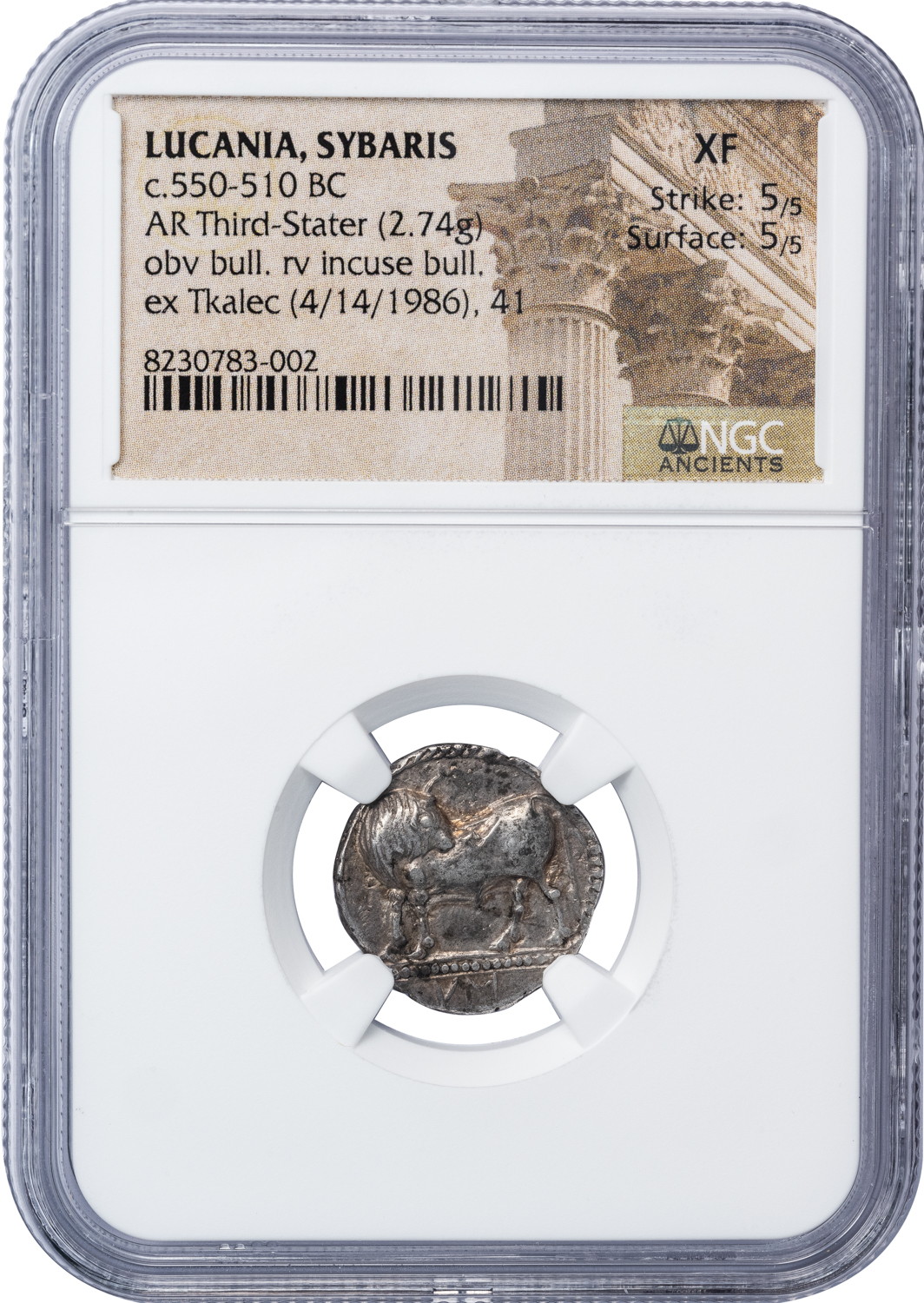 SYBARIS SILVER THIRD NOMOS - EX TKALEC & RAUCH 1986 SALE - XF NGC GRADED GREEK LUCANIA COIN (Inv. 19909) - Image 4