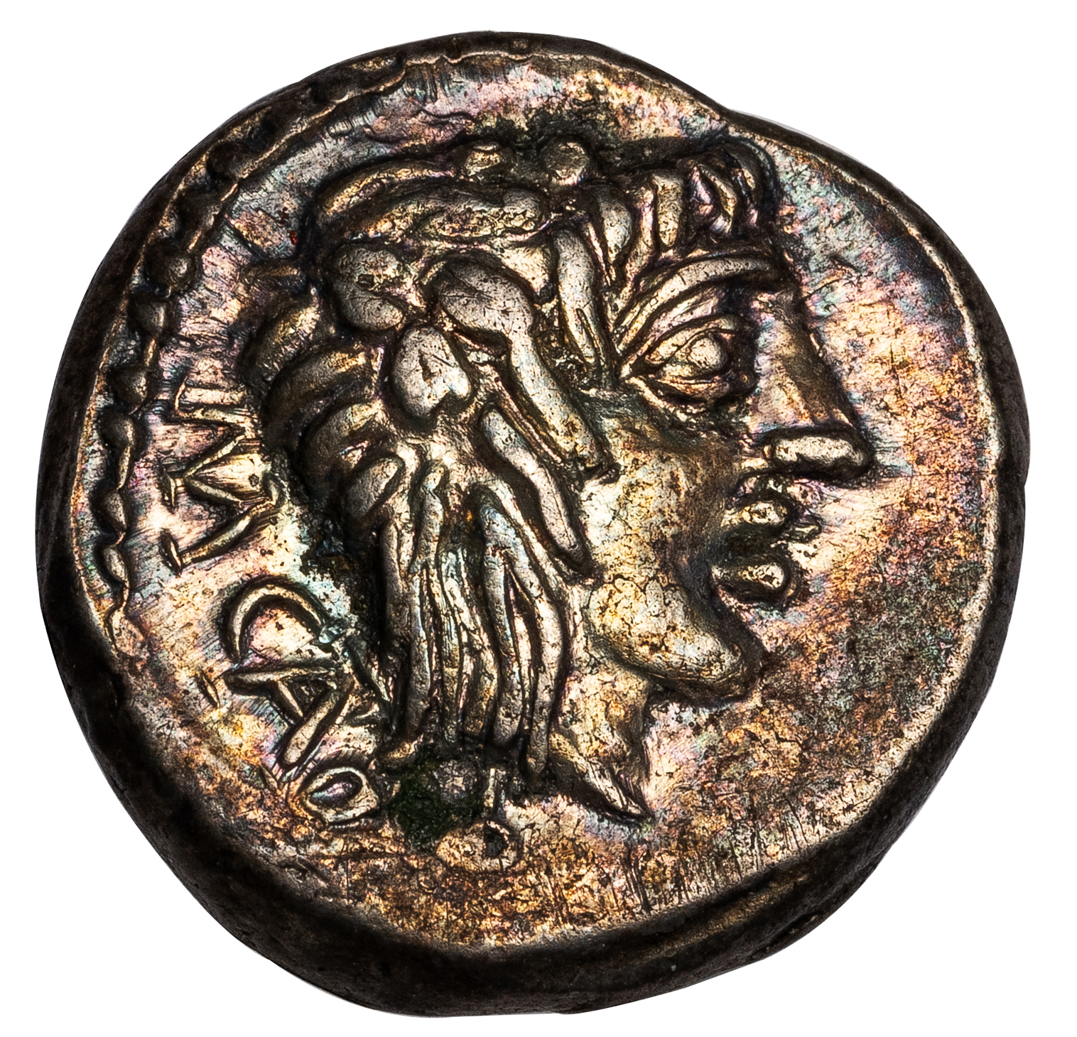 M PORCIUS CATO SILVER QUINARIUS - IRIDESCENT MARVEL EX 1930s HUBEL COLLECTION - XF NGC GRADED ROMAN REPUBLICAN COIN (Inv. 19918) - Image 2