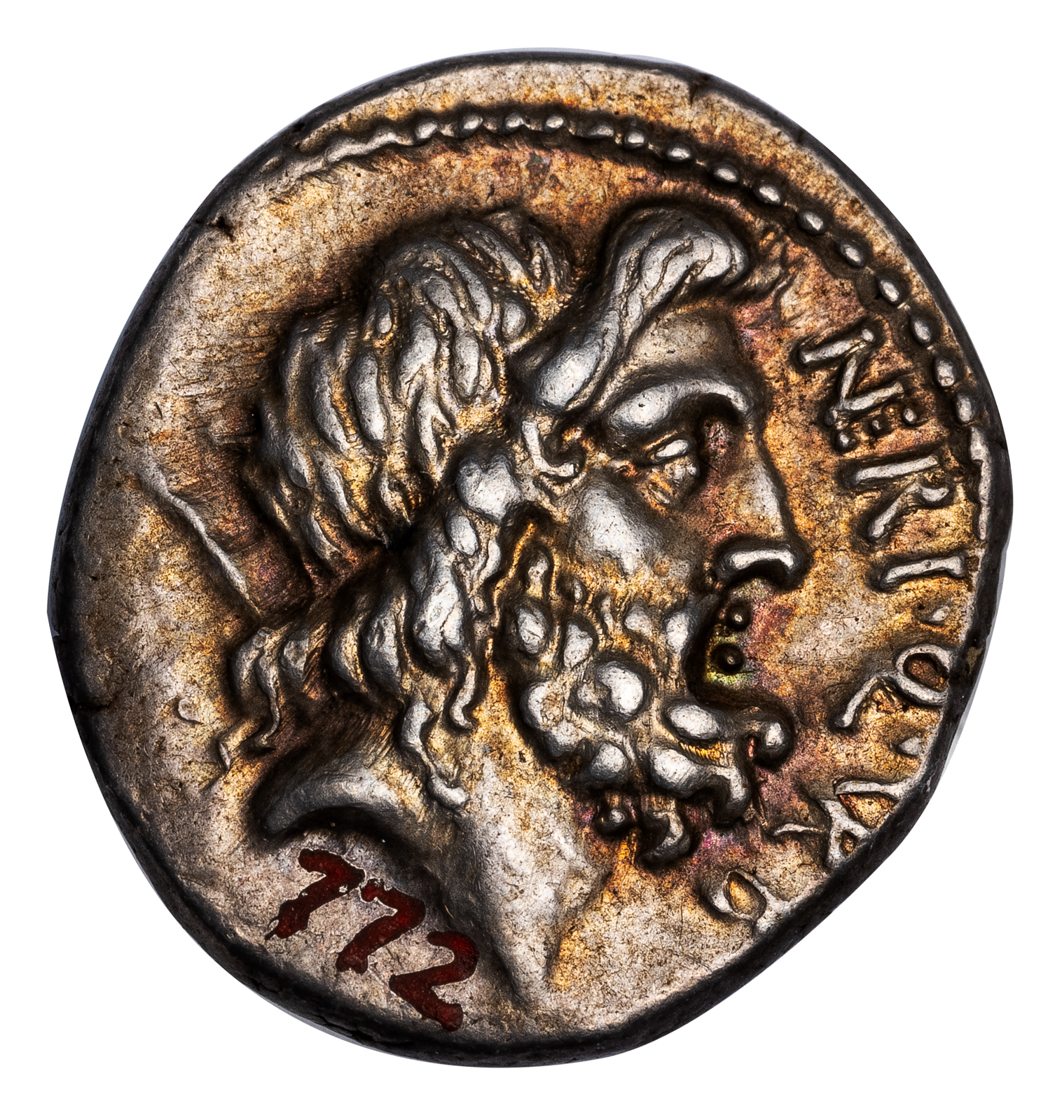 CN NERIUS SILVER DENARIUS - IRIDESCENT SPECIMEN WITH SATURN AND AQUILA EX 1930s HUBEL COLLECTION - CHOICE XF NGC GRADED ROMAN IMPERATORIAL COIN (Inv. 19921) - Image 2