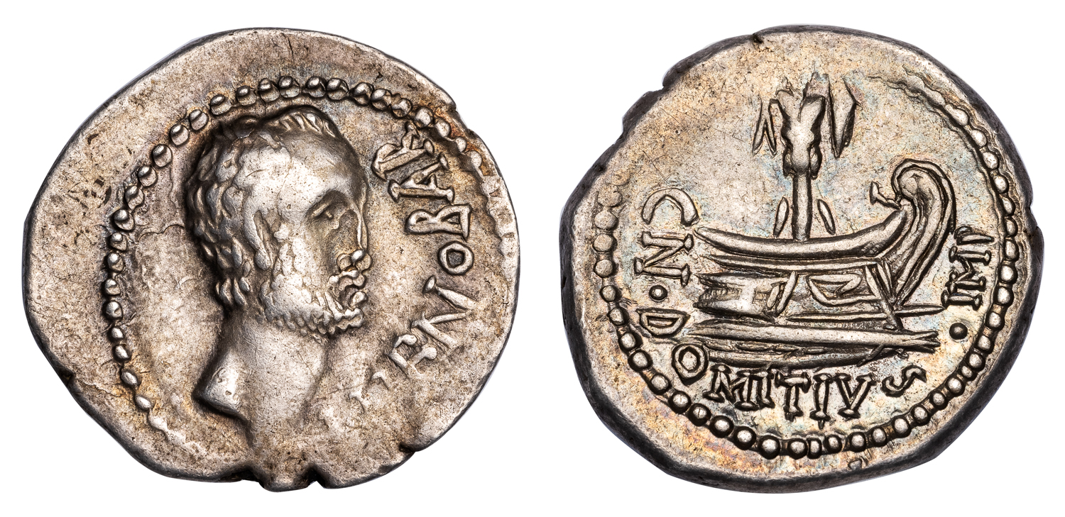 DOMITIUS AHENOBARBUS SILVER DENARIUS - EX HUBEL EX MARTINI COLLECTION FROM THE RATTO SALE OF 1930 - CHOICE VF NGC GRADED ROMAN IMPERATORIAL COIN (Inv. 19922)