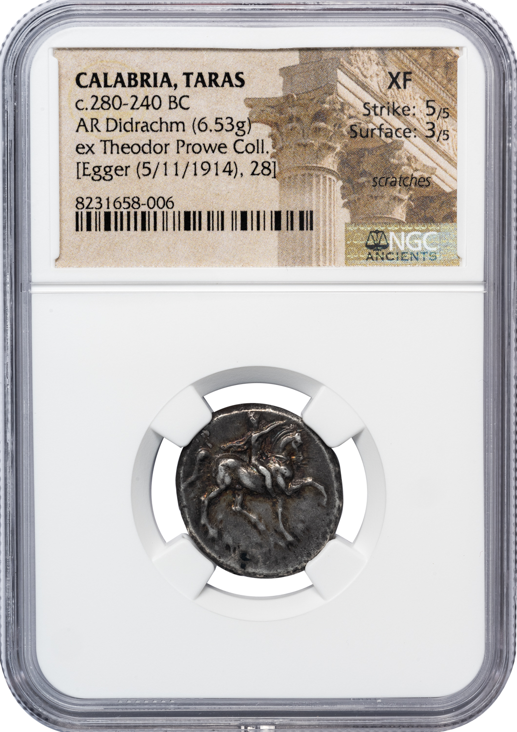 TARENTUM SILVER DIDRACHM - EX THEODOR PROWE COLLECTION AND SOLD BY BRUDER EGGER IN 1914 - XF NGC GRADED GREEK CALABRIA COIN (INV. 20058) - Image 4