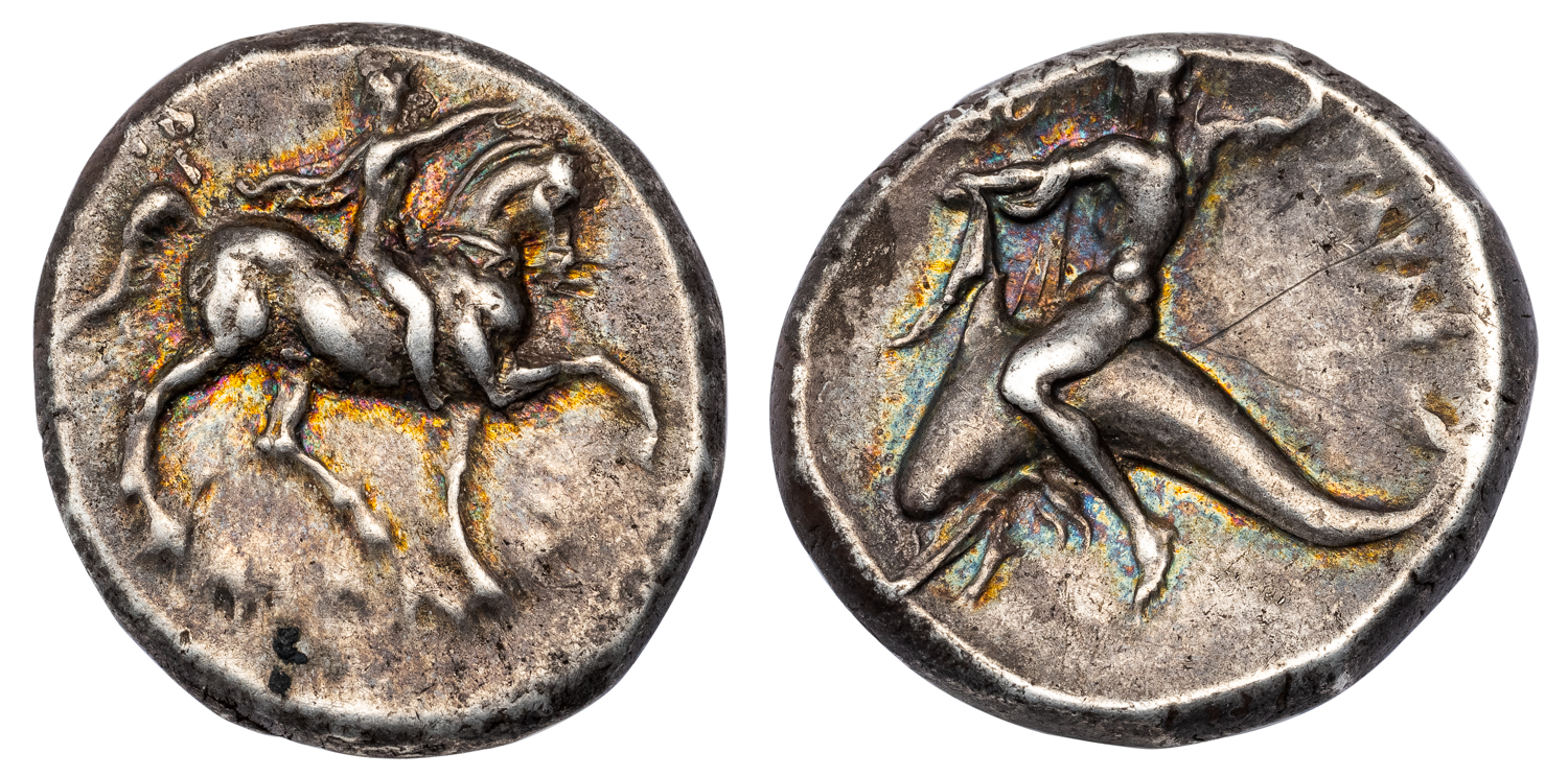 TARENTUM SILVER DIDRACHM - EX THEODOR PROWE COLLECTION AND SOLD BY BRUDER EGGER IN 1914 - XF NGC GRADED GREEK CALABRIA COIN (INV. 20058)